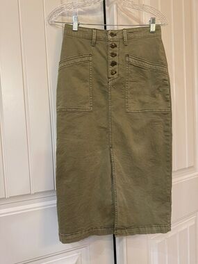 Anthropologie Olive Green Button-Front Midi Skirt